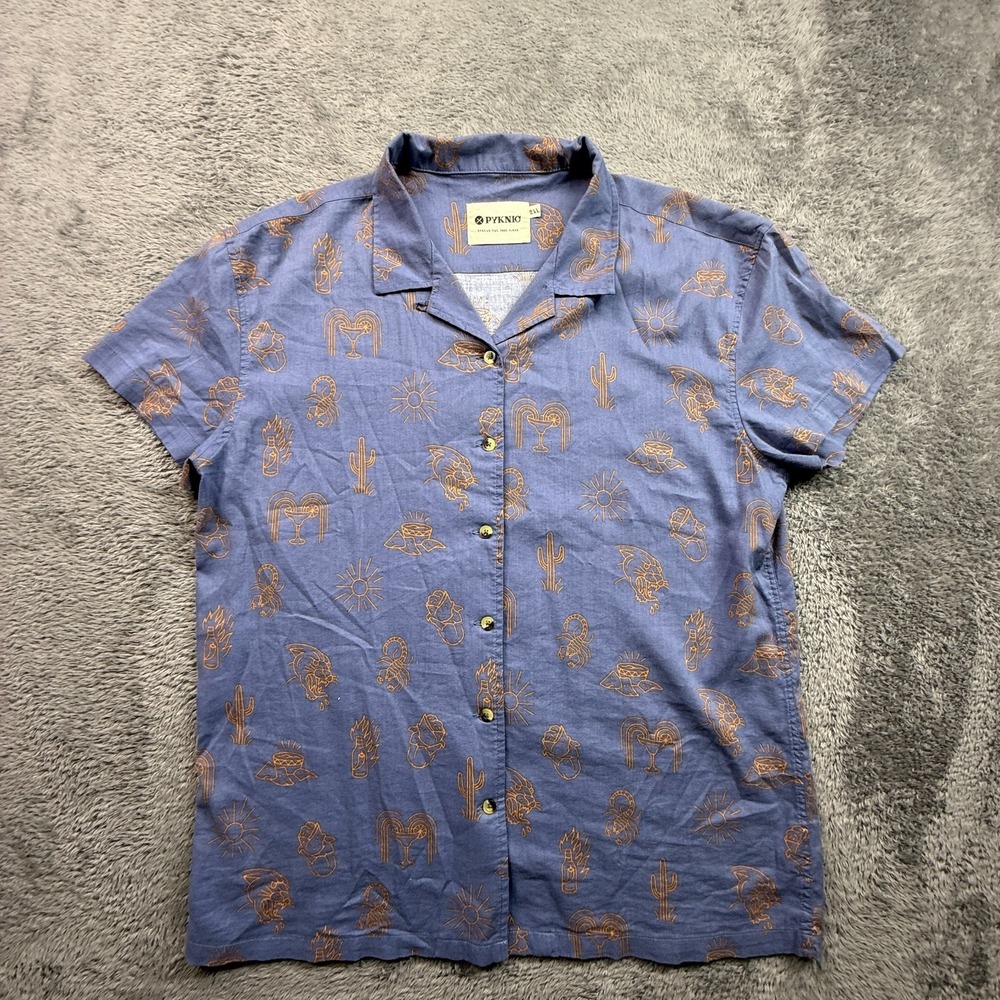 Pyknic Womens Button Up Shirt Scorpion Panther Drinks Print Blue Short Sleeve 2X